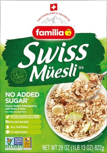 Familia Swiss Muesli Cereal, 0g Added Sugar, Energy-Packed Cereal with Raisins, Hazelnuts and Almonds, 29 Ounce Box (Pack of 1)