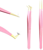 2 Pcs Professional Lash Tweezers Set, Eyelash Cluster Extension Tools Fiber Tip Women Lash Eyelash Eyebrow Tweezers with Bent and Straight Tips, Non-Slip Grip for Volume Classic Lashes (Pink)