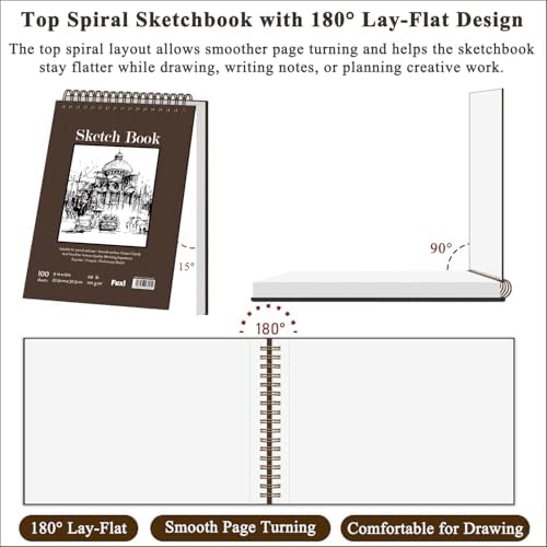 Fuxi 9" x 12" Sketch Book, Top Spiral Bound Sketch Pad, 100 Sheets 68lb/100gsm Acid-Free Drawing Paper, Art Sketchbook for Drawing Pad for Kids Artists & Beginners Professional Art Supplies for Adults