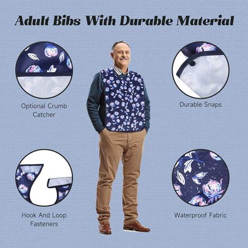 Adult Bibs - 3 Pcs Washable Clothing Protector with Crumb Catcher, Reusable Waterproof Large Feeding Adult Bib for Eating