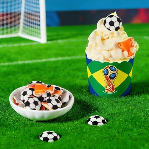 Soccer Icing Decorations 24 Counts Edible Football & World Cup Trophy Royal Icing Decoration Sugar Sprinkles for Baking Cupcake Topper Cake Ice Cream Cookies Chocolate