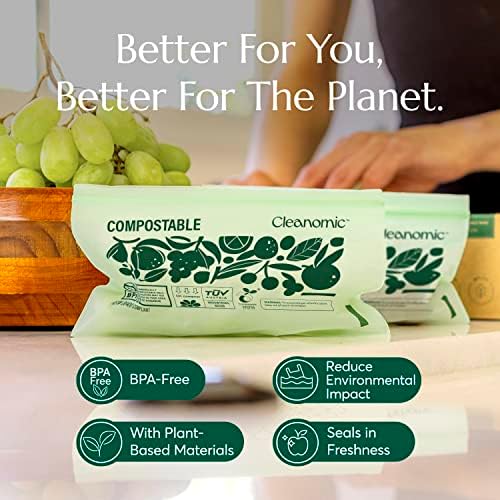 Cleanomic Compostable* Snack Size Food Storage Bags (50 Eco Zip) Freezer and Leak Proof, Also Available Gallon, Quart and Sandwich Size Bags