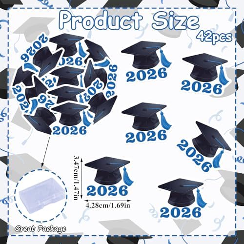 42pcs Edible Graduation Cap Cupcake Toppers Wafer Paper Blue Class of 2026 Cake Decorations Edible Grad Cap Cupcake Picks for 2026 Graduation Theme Party Cake Decor Supplies