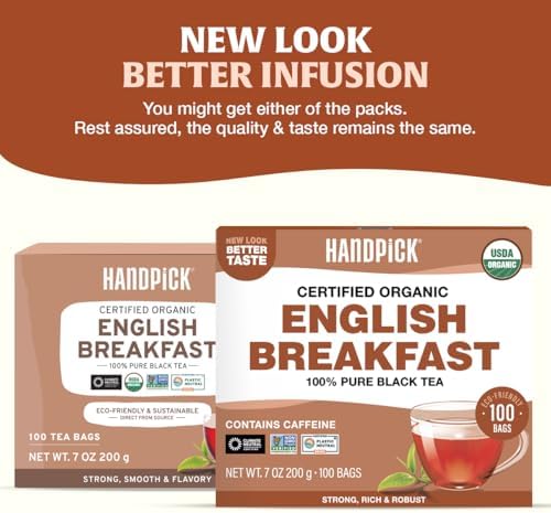 HANDPICK, Organic English Breakfast Black Tea Bags (100 Count) USDA Organic, Non-GMO | Strong, Robust, High-Caffeine Black Tea | Eco-conscious Tea Bags, Brew English Breakfast Tea & Kombucha Tea