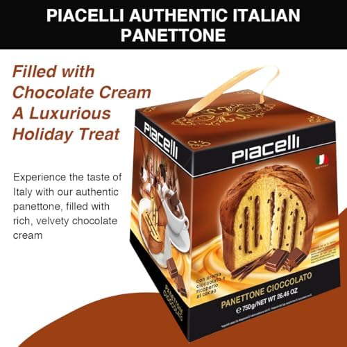 PIACELLI Authentic Italian Panettone Filled with Rich Chocolate Cream - Classic Panettone Directly Imported from Italy - Luxurious Holiday Cake Ideal for Christmas, & Special Celebrations - 750g