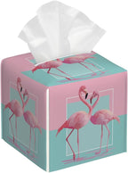 Tropical Tissue Box Cover PU Leather Square Tissues Holder Summer Pink Flamingos On Turquoise Decorative Facial Paper Organizer Dispenser for Bedroom Bathroom Vanity,Home Office Car