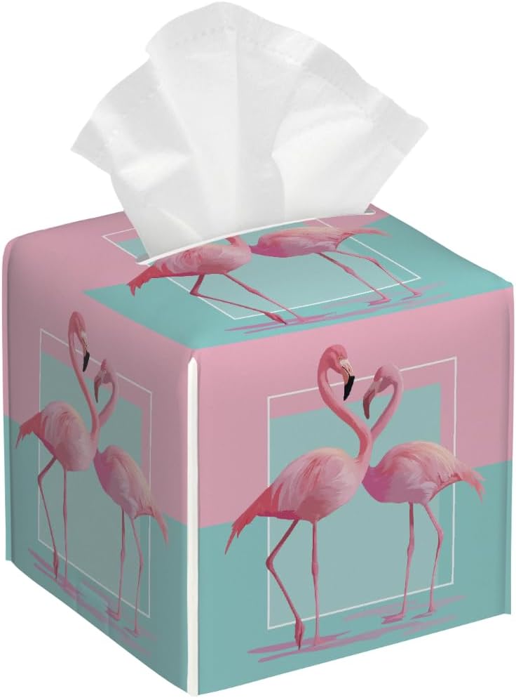 Tropical Tissue Box Cover PU Leather Square Tissues Holder Summer Pink Flamingos On Turquoise Decorative Facial Paper Organizer Dispenser for Bedroom Bathroom Vanity,Home Office Car