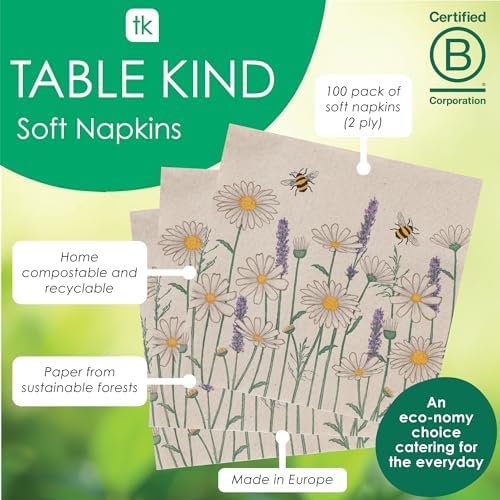 Table Kind 100 x Soft Recycled Floral Napkins Wildflower Napkins for Decoupage Daisy Bee Pretty Disposable Party Serviettes for Spring Weddings, Tea Parties, Birthday, Eco-Friendly, Compostable