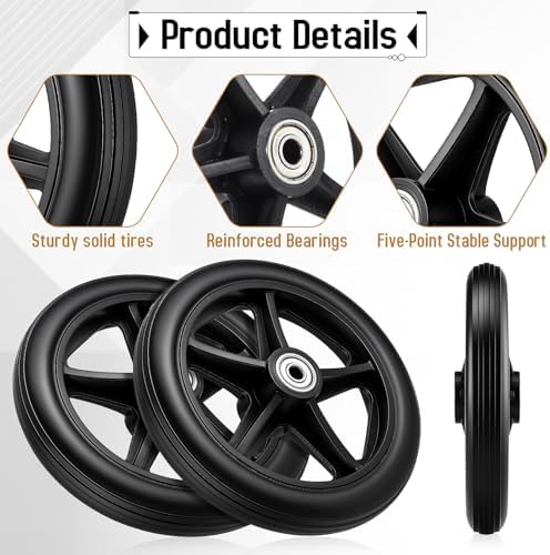 4 Pack Rubber Wheel Replacement, 6 Inch Solid Wheelchair Front Wheel with 4 Axles Rubber Rollator Wheels Replacement Anti-Slip Walker Caster Wheels Hub for Wheelchairs Rollators Walkers