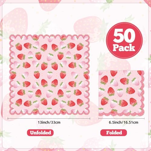 50PCS Strawberry Party Napkins Decorations, Disposable Strawberry Birthday Paper Napkins Luncheons Cocktail Dinners Napkin Fruit Theme Celebrations Party Supplies for Birthday Berry Baby Shower