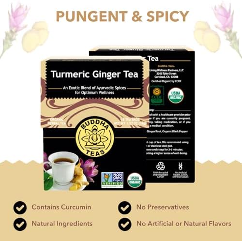 Buddha Teas Organic Turmeric Ginger Tea - OU Kosher, USDA Organic, CCOF Organic, 18 Bleach-Free Tea Bags