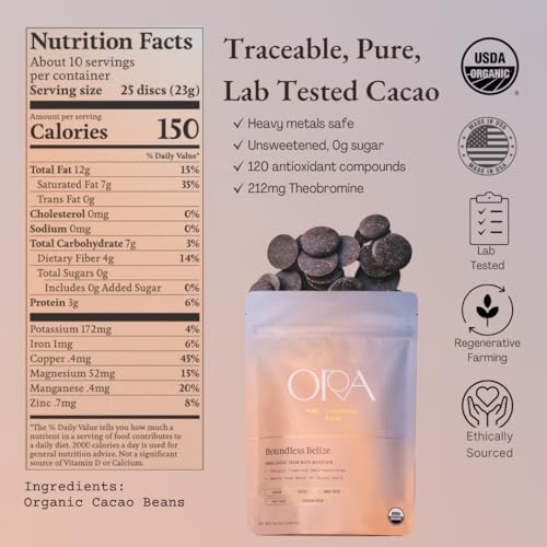 ORA Ceremonial Cacao - Boundless Belize - Organic 100% Cacao - Ethical - Regenerative - High Flavanol - Coffee Alternative - Better Energy - Heavy Metals Tested - Unsweetened - 8oz