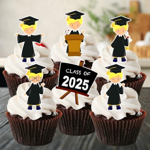 Graduation Boy #2 Edible Cupcake Toppers - Stand Up Wafer Cake Decorations (Pack of 24)