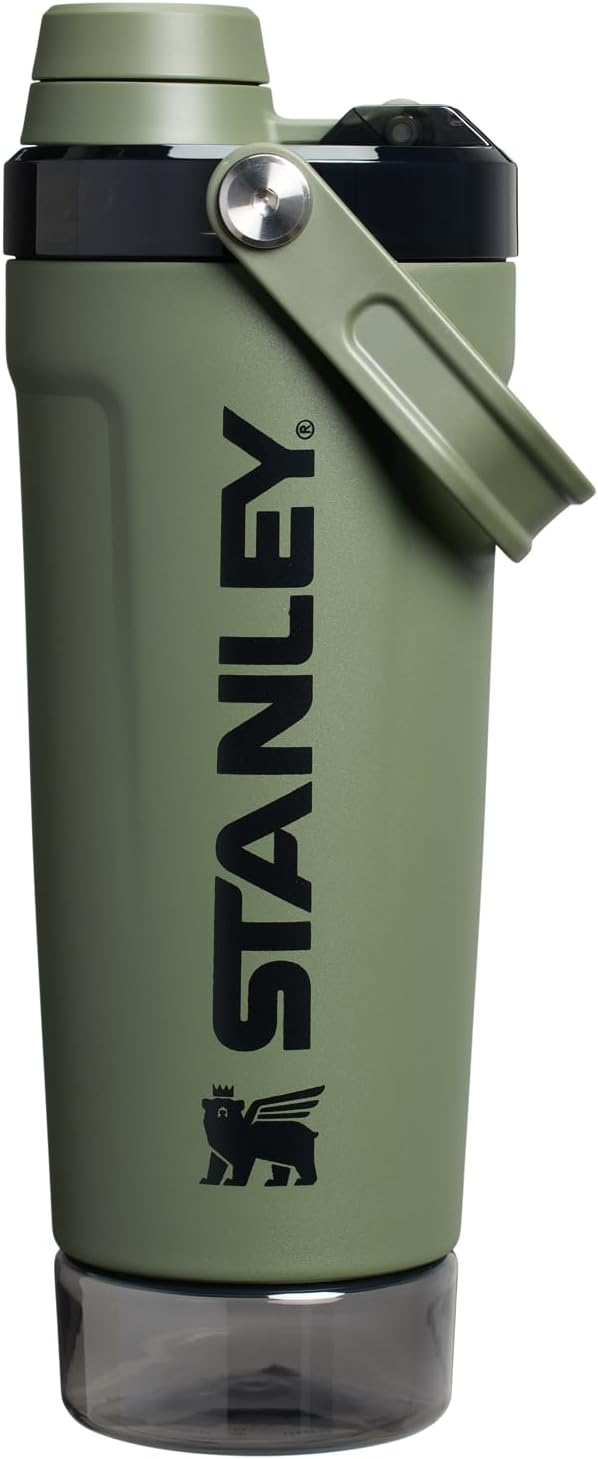 STANLEY Vitalize Shaker Bottle 20 oz | Leakproof Insulated Stainless Steel Shaker Cup | Base Storage and Twist On Fast Flow Lid | Protein Shakes and Pre Workout Powder | BPA-Free | Dried Pine