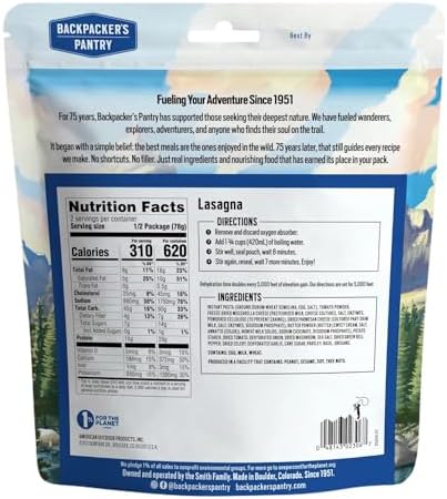 Backpacker's Pantry Lasagna - Freeze Dried Backpacking & Camping Food - Emergency Food - 28 Grams of Protein, Vegetarian - 1 Count