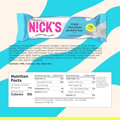 Nick’s Protein Bars Triple Chocolate – 12-Count Box | High Protein, Low Calories, Low Carbs, Keto Friendly, No Added Sugar (12 bars x 50g)