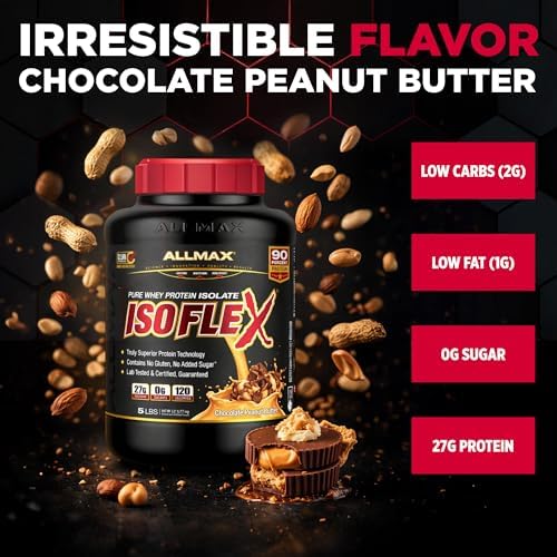 ALLMAX ISOFLEX Pure Whey Isolate Protein Powder - Gluten Free, Low Lactose, Sugar-Free - High-Protein, Clean, Keto-Friendly, Pre Post Workout Supplement, Women and Men | Chocolate Peanut Butter, 5lb