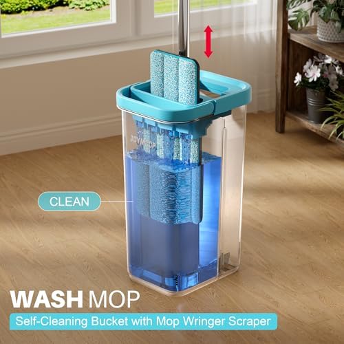 JOYMOOP Mop and Bucket Set with Wringer, with 5 Reusable Microfiber Mop Pads, Mops for Floor Cleaning and Wall Cleaning, Hands-Free Flat Mop for Home Use - Grey+Cyan Blue