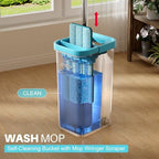 JOYMOOP Mop and Bucket Set with Wringer, with 5 Reusable Microfiber Mop Pads, Mops for Floor Cleaning and Wall Cleaning, Hands-Free Flat Mop for Home Use - Grey+Cyan Blue