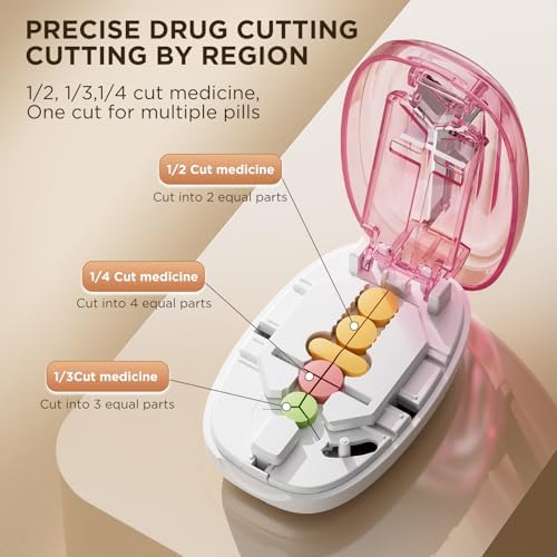 Pill Cutter Splitter for Small and Tiny Pills, Professional Adjustable Pill Cutter with Stainless Steel Blade, Precise Cuts into 1/2, 1/3, 1/4, Portable Travel Sized Design for All Tablet (Pink)
