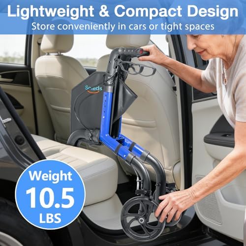 3 Wheel Walkers for Seniors with Bag and Hand Brakes, Lightweight Foldable Rollator with Swivel Front Wheel, Adjustable Height, Compact Mobility Aid for Elderly, Indoor Outdoor Use (Blue)