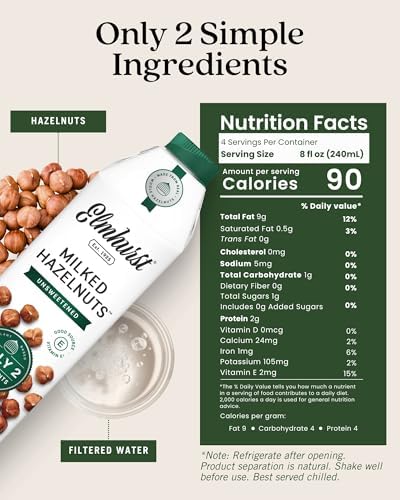 Elmhurst 1925 Unsweetened Hazelnut Milk - 32 Ounce (Pack of 6) Dairy-Free, Gluten-Free, Vegan, Kosher, Shelf Stable Milk Made with Water & Hazelnuts for Healthier, Simpler Plant-Based Alternatives