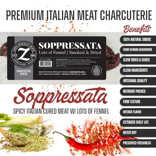 Zick’s Specialty Meats Soppressata Italian Sausage (8oz) | Smoked & Dried Sausage | Naturally Cured Sopressata Charcuterie Meat | Italian Meat with Fennel Spices | Slow-Dried Organic Salami