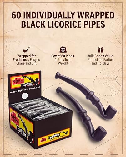 La Pipette Gourmet Black Licorice Pipes - Old Fashioned Individually Black Wrapped Candy Liquorice - Sweet & Salted, Soft Finnish Licorice Gift - Box of 60, Bulk Novelty Treats for Sharing, Birthday