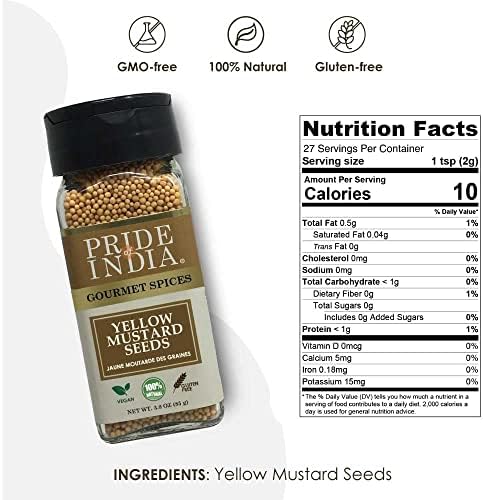 Pride of India – Yellow Mustard Seed Whole – Pungent & Aromatic – Gourmet Indian Spice – Add in Salads/Dressings/Chicken/Meat/Pickles – Easy to Use – 2.8 oz. Small Dual Sifter Bottle