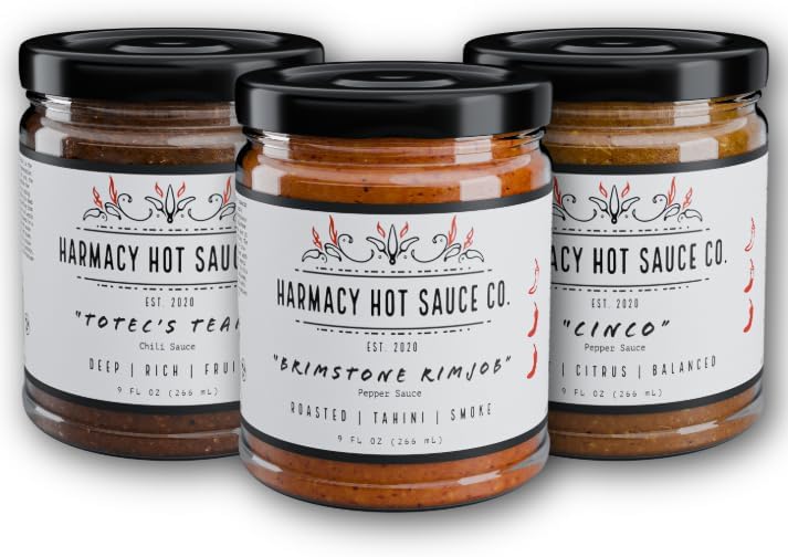 Multi Award-Winning Gourmet Hot Sauce Gift Set Best Sellers 3 Pack by Harmacy Hot Sauce Co. - 9oz Jars, Vegan, Gluten Free, Nut Free, Dairy Free, Soy Free