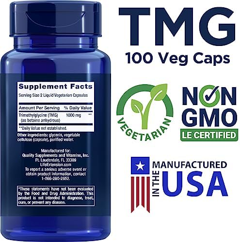 Life Extension TMG 500mg, 100 Liquid Veg Caps - Trimethylglycine (Glycine Betaine) Supplement - Gluten Free, Non-GMO, Vegetarian