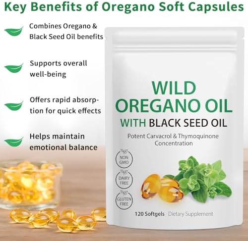 Oil of Oregano Softgels, 120 Count 2 in 1 6000mg Oil of Oregano with Black Seed Oil 200mg, Plant Based, Organic Oregano Oil Supplement Capsules, Non-GMO & Immune Support