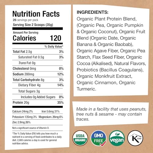 EarthChimp Organic Vegan Protein Powder - with Probiotics - Non GMO, Dairy Free, Non Whey, Plant Based Protein Powder for Women and Men, Gluten Free - 26 Servings 32 Oz (Vanilla)