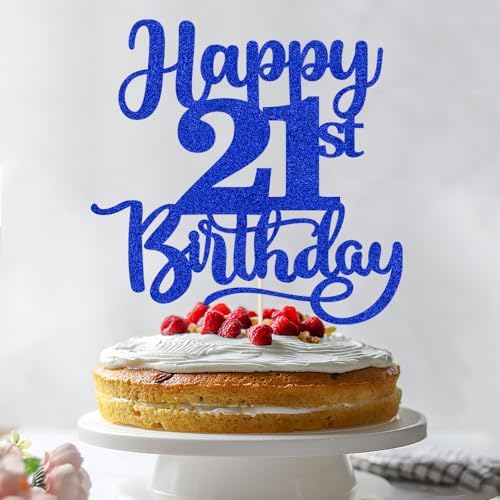 Sleyberoy Happy 21st Birthday Cake Topper-Twenty One Cake Topper，Glitter Hello 21，21 anniversary Cheers to 21 Years ，21 Fabulous Cake Decor (21th, Deep blue)
