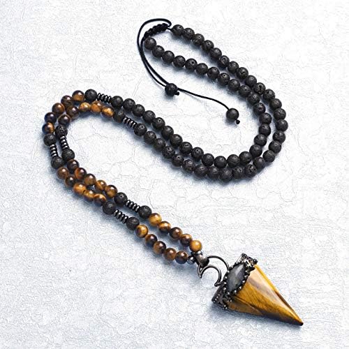 Jovivi 6mm Natural Tiger Eye Crystal Pendulum Necklace Lava Rock Labradorite Healing Chakra Triangle Pendulum Crystal w/Moon 25inches Adjustable
