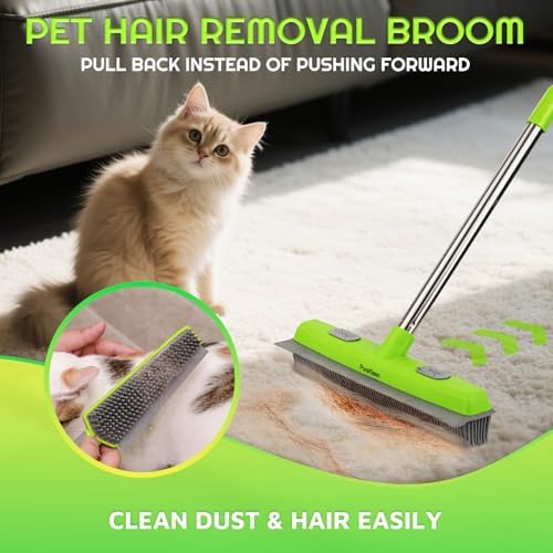 Rubber Broom for Pet Hair —Gets What Your Vacuum Misses,Non-Scratch Carpet Rake 24 "-61 "Adjustable Handle,4-in-1 (Squeegee+Pet Brush+2 Microfiber Cloth),Stairs,Corners, Rugs,Hardwood Green