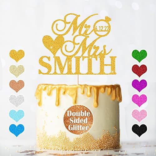 EDSG Personalized Wedding Cake Toppers, MR & MRS Wedding Cake Decorations, Double Sided Glitter Bride and Groom Anniversary Couple Cake Toppers with Any Name Date (Gold)