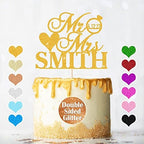 EDSG Personalized Wedding Cake Toppers, MR & MRS Wedding Cake Decorations, Double Sided Glitter Bride and Groom Anniversary Couple Cake Toppers with Any Name Date (Gold)