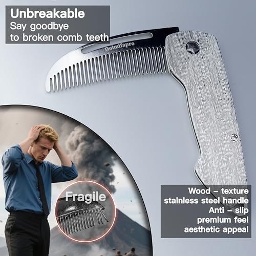 Small Folding Mustache Comb, Metal Beard Comb for men Pocket Mini Portable Fits In Keychain Anti-Static (Wood Grain)