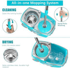 FunClean Spin Mop and Bucket,Mop and Bucket with Wringer Set for Home,360 Spinning Mopping Floor Cleaning Tool with 6 Microfiber Replacement Head Refills,61" Extended Handle, 2X Wheel - Blue