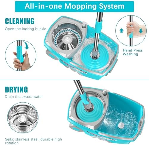 FunClean Spin Mop and Bucket,Mop and Bucket with Wringer Set for Home,360 Spinning Mopping Floor Cleaning Tool with 6 Microfiber Replacement Head Refills,61" Extended Handle, 2X Wheel - Blue