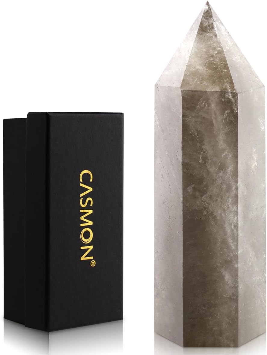 CASMON Large Healing Crystal Wands 3.9"-4.3"(10-11cm), Natural Smoky Quartz Obelisk Crystal Tower Stone, 6 Faceted Single Healing Crystal Point for Reiki Chakra Meditation Therapy (1PC)