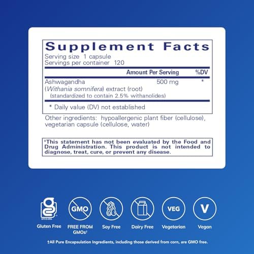Pure Encapsulations Ashwagandha - 500 mg Ashwagandha Extract - Metabolism & Stress Support - Immune Support - GMO Free & Vegan - 120 Capsules