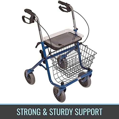DMI Steel Rollator Walker with Padded Seat, Adjustable Handle Height, Removable Storage Basket, FSA and HSA Eligible, Handbrakes, Blue