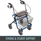 DMI Steel Rollator Walker with Padded Seat, Adjustable Handle Height, Removable Storage Basket, FSA and HSA Eligible, Handbrakes, Blue