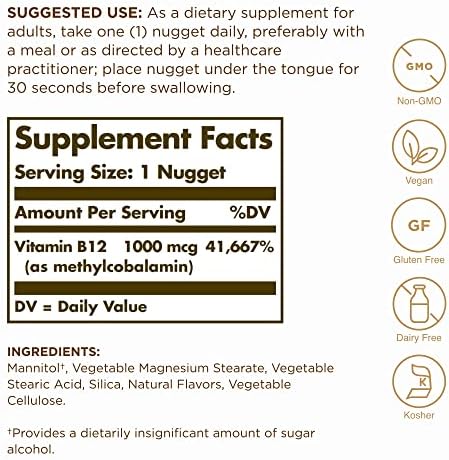 Solgar Methylcobalamin (Vitamin B12) 1000 mcg - 60 Nuggets, Pack of 2 - Supports Energy Metabolism - Non-GMO, Vegan, Gluten Free, Dairy Free, Kosher - 120 Total Servings