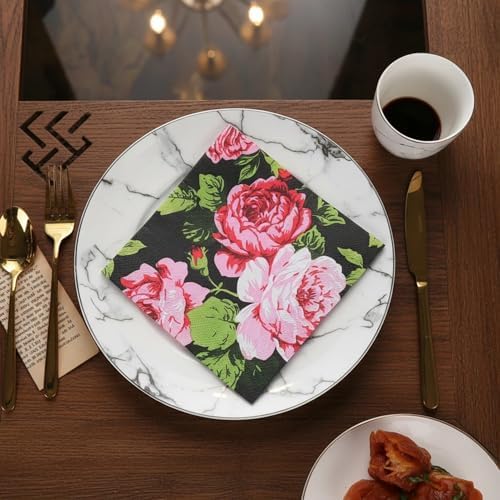Elegant Black Rose Paper Napkins Decorative Dinner Napkins Disposable Party Napkins Holiday Spring Summer Serviettes Paper Decoupage (20-Count)