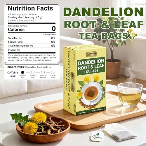 LeafLea Dandelion Root and Leaf Tea Bags, 40 Count, Roasted Dandelion Root Tea Blend, Natural Herbal Tea for Digestion & Wellness, Te de Diente de Leon, Individually Wrapped, Caffeine-Free, No Sugar