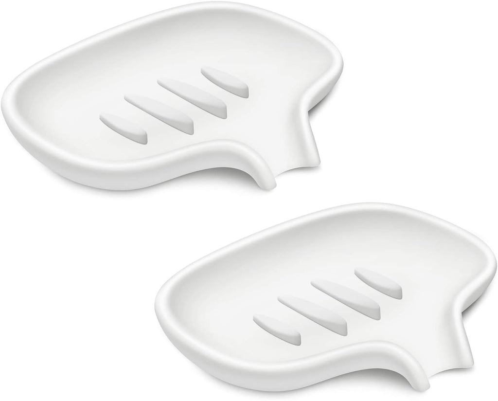 SUBEKYU Silicone Soap Dish for Bathroom,Bar Soap Holder for Shower with Draining Tray, Waterfall Soap Tray for Kitchen Sink, Set of 2 (2 * White)