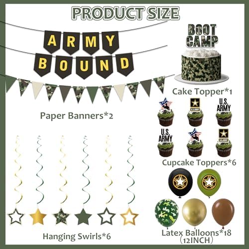 Holkcog Army Party Decorations, Green Military Themed Birthday Banner, Farewell Party Welcome Ceremony, Army Bound Themed Cupcake Decorations, Boot Camp Cake Topper Ballons Supply